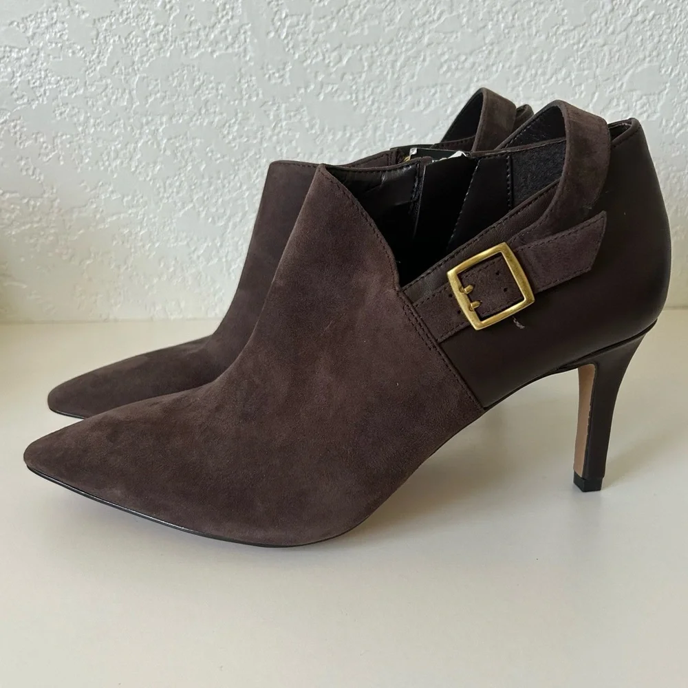 Vince Camuto Kreitha Leather Suede Stiletto Heels Booties in Root Beer Brown